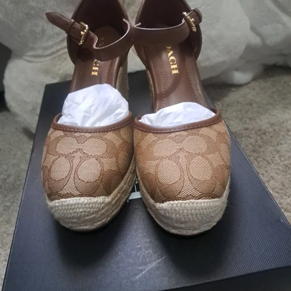 BRAND NEW Coach Women's Brown Espadrille Wedge Sandals - Picture 7 of 11